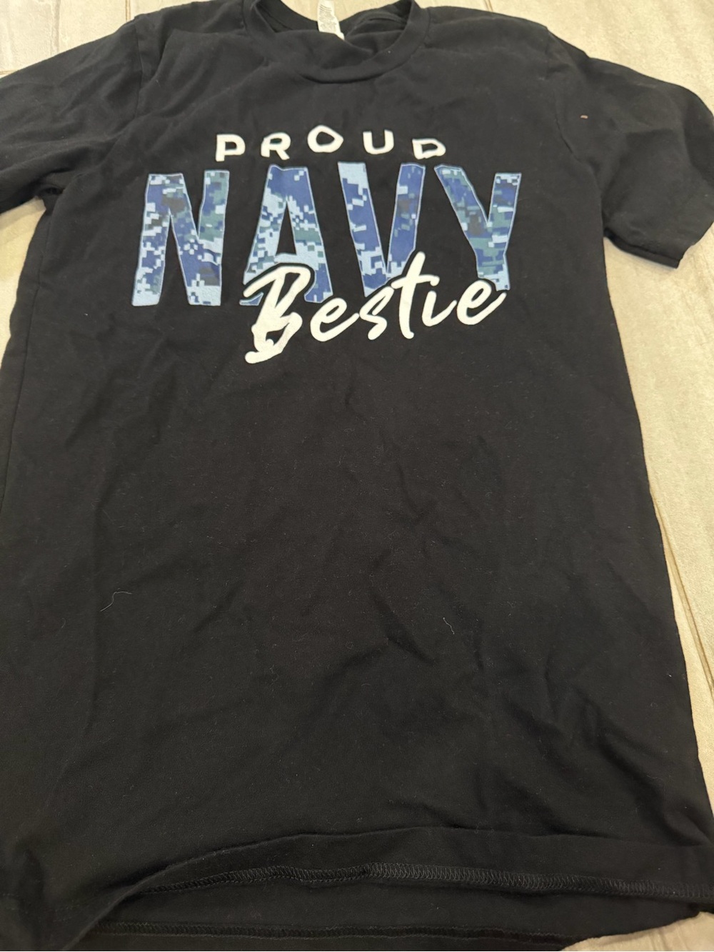 Bella Canvas Black Tee with Blue Camo "NAVY Bestie" Graphic